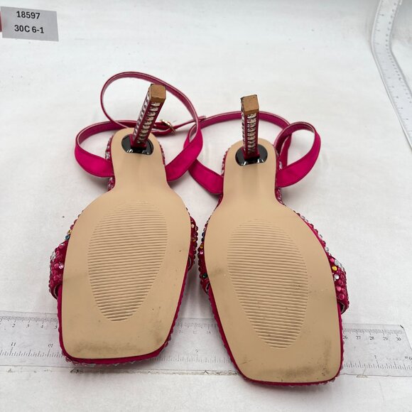 XYD Pink Sparkle Square Open Toe Buckle Ankle Strap Sparkling High Heel Sandals - Picture 7 of 8